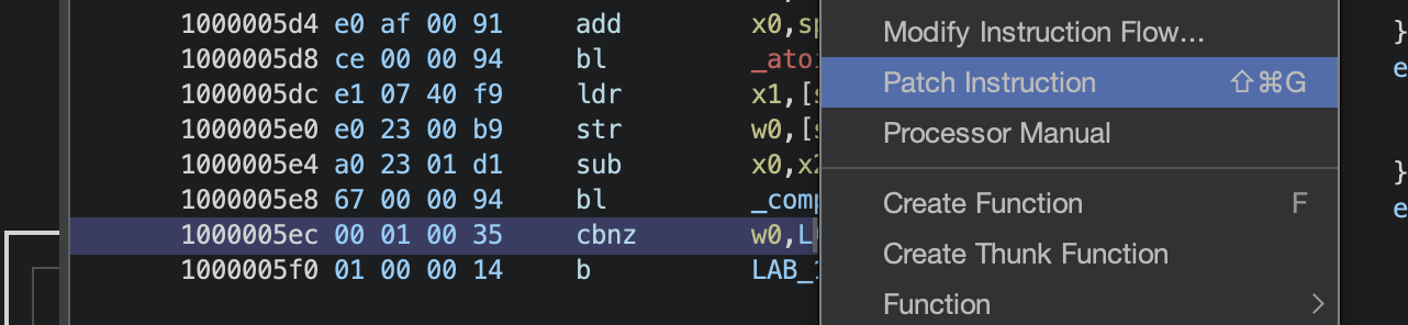 Right-click → Patch Instruction in Ghidra